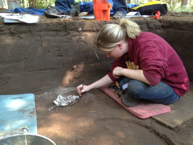Mary McLaughlin, Archaeology Research Assistant at the Science Museum of Minnesota, excavates a cluster of shells at the Sheffield Site.
