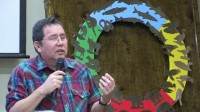 David Matrious, member of the Mille Lacs Band, talks about his family's heritage along the St. Croix River at the Hinckley Regional Gathering.