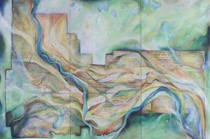 Geography of Home, by Susan Armington, a map of the Twin Cities including the Mississippi River and citizens' handwritten stories