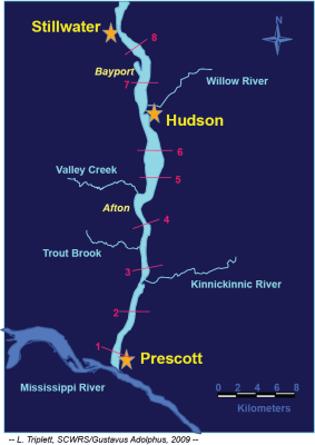 Transects where sediment cores (three per transect) were collected from Lake St. Croix in 1999-2000.  