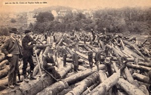 This postcard photo  shows the Jam of ’84 at the Dalles with all the ‘dandies’ posing for the photographer. (Thomas St. Angelo Library - Cumberland, Conners Collection)