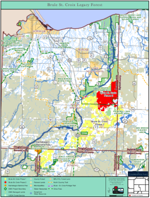 Map of the Brule-St. Croix Legacy Forest. Red areas are part of the most recent acquisition.